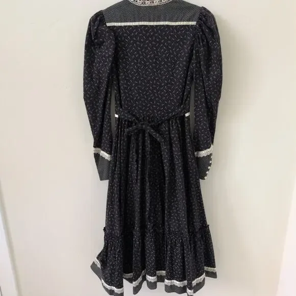 Vintage 70s Gunne Sax Black Floral Calico Midi Dress XS - Picture 4 of 9